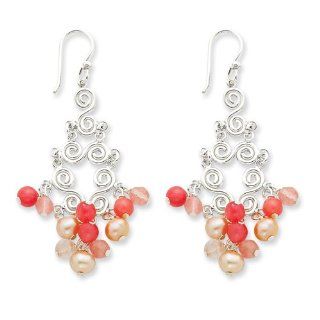 Sterling Silver Cherry & Strawberry Quartz/Champagne Cultured Pearl Earrings: Dangle Earrings: Jewelry