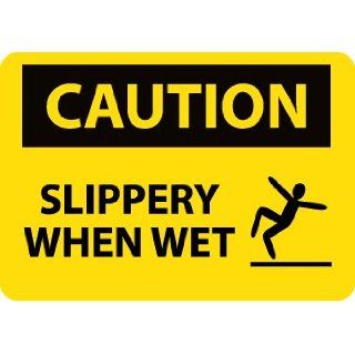 NMC C606PB OSHA Sign, Legend "CAUTION   SLIPPERY WHEN WET" with Graphic, 14" Length x 10" Height, Pressure Sensitive Vinyl, Black on Yellow: Industrial Warning Signs: Industrial & Scientific