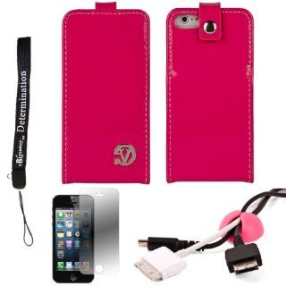 Magenta Patent Leather Wallet Carrying Case with Stand For Apple iPhone 5 iOS (6) Smart Phone + PINK Cord Organizer + Apple iPhone 5 Screen Protector + an eBigValue TM Determination Hand Strap Cell Phones & Accessories