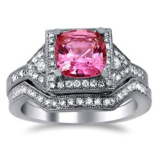 2.05ct Pink Sapphire Diamond Engagement Ring Bridal Set 14k White Gold with a 1.25ct Center Sapphire and .80ct of Surrounding Diamonds: Jewelry