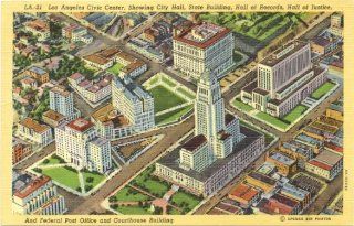 1940s Vintage Postcard Los Angeles Civic Center   showing City Hall, State Building, Hall of Records, Hall of Justice, Federal Post Office, and Courthouse Building   Los Angeles California: Everything Else
