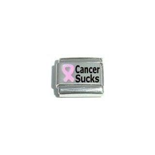 Cancer Sucks Enamel Pink Ribbon Breast Cancer Awareness Laser Etched Italian Charm: Italian Style Single Charms: Jewelry