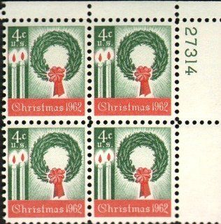 #1205   1962 4c Christmas Wreath and Candles Postage Stamp Numbered Plate Block (4) : Everything Else