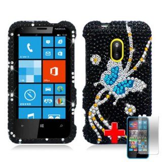 Nokia Lumia 620 (AIO Wireless) 2 Piece Snap On Rhinestone/Diamond/Bling Hard Plastic Shell Case Cover, Silver/Blue Butterfly Black Cover + LCD Clear Screen Saver Protector: Cell Phones & Accessories