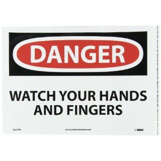 NMC D621PB OSHA Sign, Legend "DANGER   WATCH YOUR HANDS AND FINGERS" 14" Length x 10" Height, Pressure Sensitive Vinyl, Black/Red on White Industrial Warning Signs