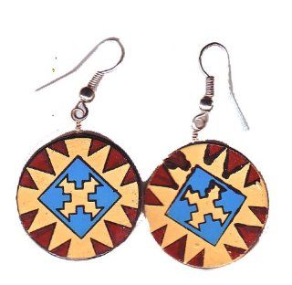 Colorful Southwest Design Round Peruvean Hand Painted Dangle Earrings Fair Trade Certified: Jewelry