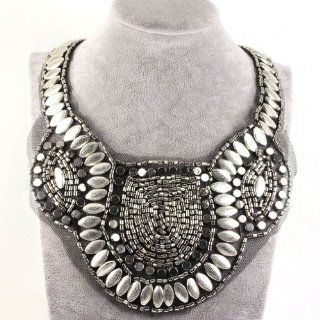 FC Black Cloth Rhinestone Silver Beads Bib Collar Choker Necklace: Jewelry