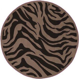 7.75' Pommel Lueur Black and Taupe Zebra Animal Print New Zealand Wool Round Area Throw Rug  