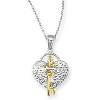 Sterling Silver 0.925 and 14 Karat Gold Heart Lock and Key Pendant Necklace: Jewelry