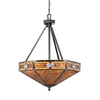 Quoizel NX627CVB Mission Diamond 3 Light Chandelier from the Museum of New Mexico Collection with Amber Glow Mica and Tiffany Glass Shade, Vintage Bronze    