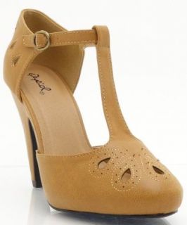 Qupid Nadine 88X Vintage Inspired Vegan Suede Round Toe T Strap Ankle Strap Cut Out Pump COGNAC (8.5): Pumps Shoes: Shoes