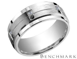 Benchmark Mens 9mm Comfort Fit White and Black Diamond Wedding Band 1/4 Ct (ctw) in Sterling Silver: Jewelry