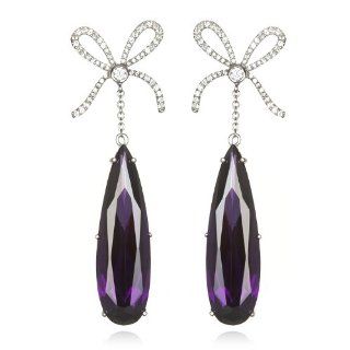Long Amethyst CZ Pear Drop Earring with White CZ Bow Top: Dangle Earrings: Jewelry