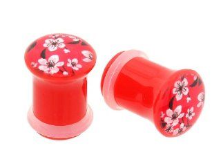 0g 8mm Acrylic Red Cherry Blossom Japanese Flower Ear Plugs Gauges Single Flare (Sold By Pair): Body Piercing Tunnels: Jewelry