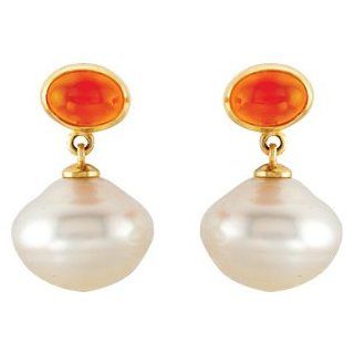 14K Yellow Gold Pair 07.00x05.00mm/11.00mm Paspaley Sterling Silver Cultured Pearl Genuine Carnel Earrings: Jewelry