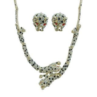 Panther Austrian Crystal Necklace Earrings Set Black Enamel: Jewelry Sets: Jewelry