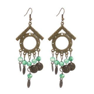 Pale Green Round Bead Bronze Tone House Frame Pendant Earrings for Lady Jewelry