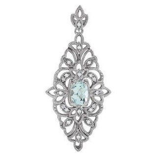 14k White Gold Genuine Aquamarine And Diamond Pendant by US Gems: Jewelry