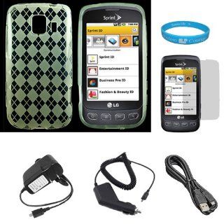 Clear Argyle Rubberzied TPU Silicone Skin Cover Case for Sprint LG Optimus S (Model LG670KIT) + Clear Screen Protector + Black Rapid Travel Wall Charger with IC Chip + Black Rapid Car Charger with IC Chip + Micro USB Data Cable Cord: Electronics