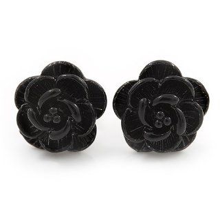 Tiny Black 'Rose' Stud Earrings In Silver Tone Metal   10mm Diameter: Black Rose Earings: Jewelry