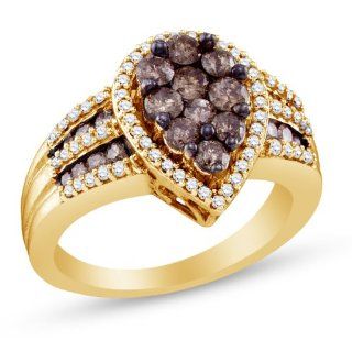 10K Yellow and White Two 2 Tone Gold Halo Channel Set Round Brilliant Cut Chocolate Brown and White Diamond Engagement Ring OR Fashion Band   Pear Shape Center Setting   (1.40 cttw.): Jewelry