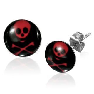 E674 E674 10mm Stainless Steel Pirate Skull Crossbones Circle Stud Earrings: Jewelry