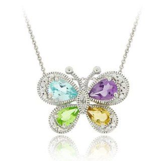 Sterling Silver Multi Color Gemstone & Diamond Butterfly Pendant: Jewelry