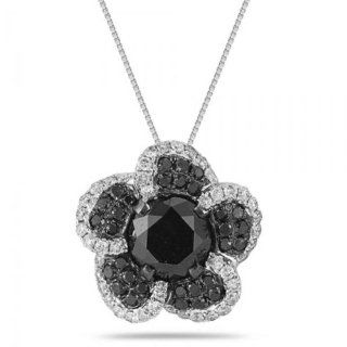 2.38cts Black Diamond Flower Pendant outlined with 0.48cts white diamonds in 14K White Gold   Chain length 18 in: Perfect Jewelry: Jewelry