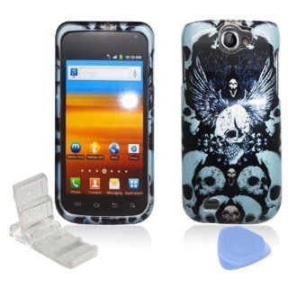 Black Blue Skulls Design Snap on Hard Plastic Cover Faceplate Case for Samsung Exhibit 2 II 4G T679 + Screen Protector Film + Mini Adjustable Phone Stand: Cell Phones & Accessories