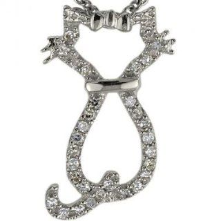 Petite Cat Diamond Pendant With 0.10cts Of Pave Set Fine White Diamonds In 14K White Gold Diamond Cat Necklace: Jewelry