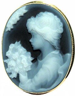 Cameo Brooch Pendant Italian 18k Yellow Gold Frame Lady with Flowers Agate Stone: Jewelry