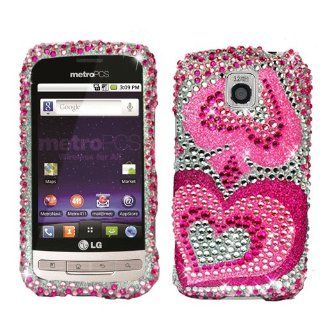 Hard Plastic Snap on Cover Fits LG MS690 Optimus M Pink Heart Full Diamond MetroPCS Cell Phones & Accessories