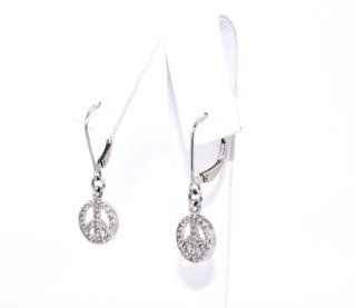 14K White Gold Diamond Peace Sign Earrings: Dangle Earrings: Jewelry
