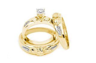 His and Her Wedding Ring set DIAMOND TRIO SET 10KT Yellow Gold: Wedding Ring Sets: Jewelry