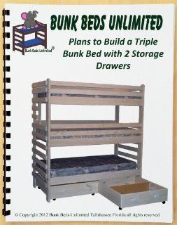 Triple Bunk Extra Tall Woodworking Plan with Two Large Storage Drawers or Trundle that sleeps three or four   Indoor Furniture Woodworking Project Plans