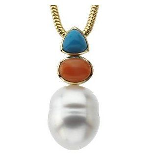 14K White Gold 12.00 mm/06.00 mm/08.00X06.00 South Sea Cultured Pearl, Genuine Turquoise And Genuine Coral Pendant: Pendant Necklaces: Jewelry