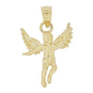 14k Yellow Gold, Small Size Detailed Angel In Flight Pendant Charm: Jewelry