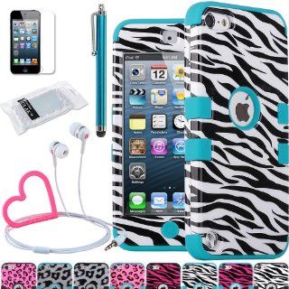 Pandamimi ULAK(TM) Hard Hybrid Impact Rubberize Leopard Skin Case Cover and Soft Inner Shell for Apple iPod Touch (Generation 5) + Screen Protector + Stylus + Stylwire(TM) Pink Heart Stereo Headphone (Zebra Skin/Blue): Cell Phones & Accessories