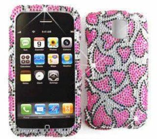 LG Optimus M MS690 Full Diamond Crystal, Pink Hearts on White Hard Case, Cover, Faceplate, SnapOn, Protector: Cell Phones & Accessories