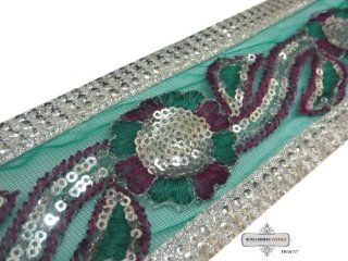Indian Sari Border Decorative Green Lace Craft Embroidered Home Decor Fabric Trim 1 Yard Ribbon Apprael Sewing 2.7" Wide 