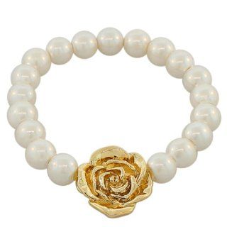 White Pearls Yellow Gold Tone Flowers Floral Design Stretch Cord Beaded Womens Bracelet: Bangle Bracelets: Jewelry