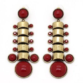 Vintage Synthetic Red Agates Inlaid Metal Dangle Stud Earrings / Jewelry   Brass Finish Jewelry