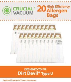 20 Dirt Devil Type U Allergen Filtration 3 Pack Vacuum Bags, Compare to Dirt Devil Part# 3920750001, 3920047001, 3920048001, Designed & Engineered by Crucial Vacuum   Household Vacuum Bags Upright