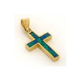 14k Yellow Gold Blue Green Opal Cross Pendant Charm: Real Blue Green Opal Jewelry: Jewelry