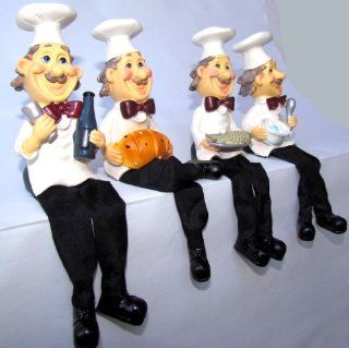 Fat Chef Kitchen Decor Shelf Sitters   Set of 4 Different Chefs / Italian Waiters for Dinner Table Edge or Shelf Decorations   Great Happy Fat Chef Kitchen Decorating Themes Chtistmas Gift Idea for Women   Collectible Figurines