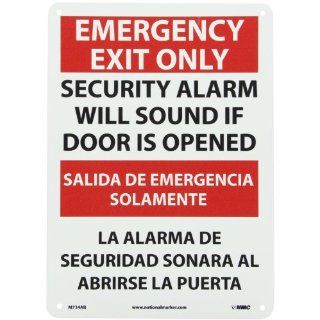 NMC M734AB Bilingual Exit/Entrance Sign, Legend "EMERGENCY EXIT ONLY SECURITY ALARM WILL SOUND IF DOOR IS OPENED", 10" Length x 14" Height, Aluminum 0.40, Red/Black on White: Industrial Warning Signs: Industrial & Scientific