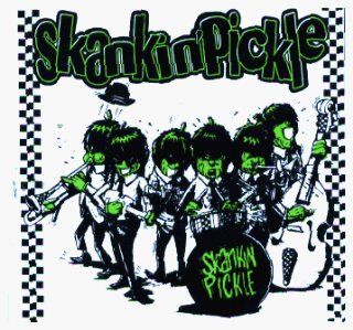 Skankin Pickle   Logo with Cartoon Band on White with Ska Checkers   Sticker / Decal: Automotive