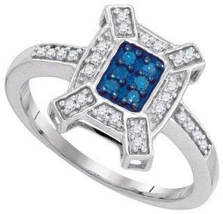 0.20 Carat (ctw) 10K White Gold Round Cut White & Blue Diamond Ladies Micro Pave Right Hand Ring 1/5 CT: Jewelry