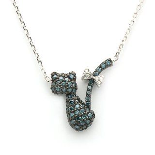 14K Gold Diamond 18" Necklace 0.43ct Round Blue Diamond Fancy Cat Pendant Chain (G H, SI1): Jewelry
