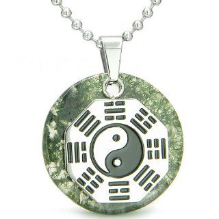 Yin Yang BA GUA Eight Trigrams Amulet Green Moss Agate Magic Gemstone Stainless Steel Circle Spiritual Powers Pendant on 22" Necklace: Best Amulets: Jewelry